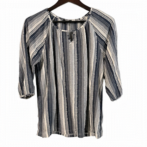 Yest Women’s 8 Blue Tones White Rough Edge Stripe V Neck Detail Shirt